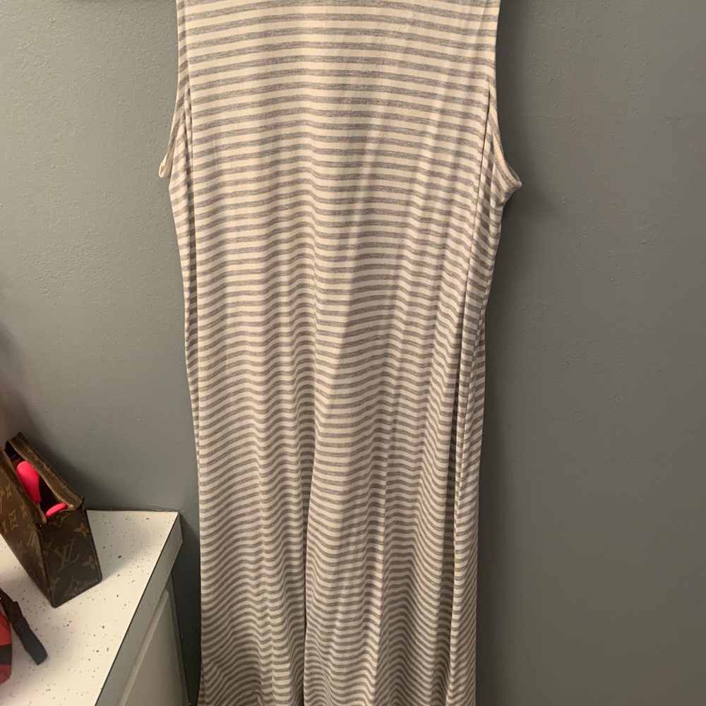Grey and white striped mid length dress